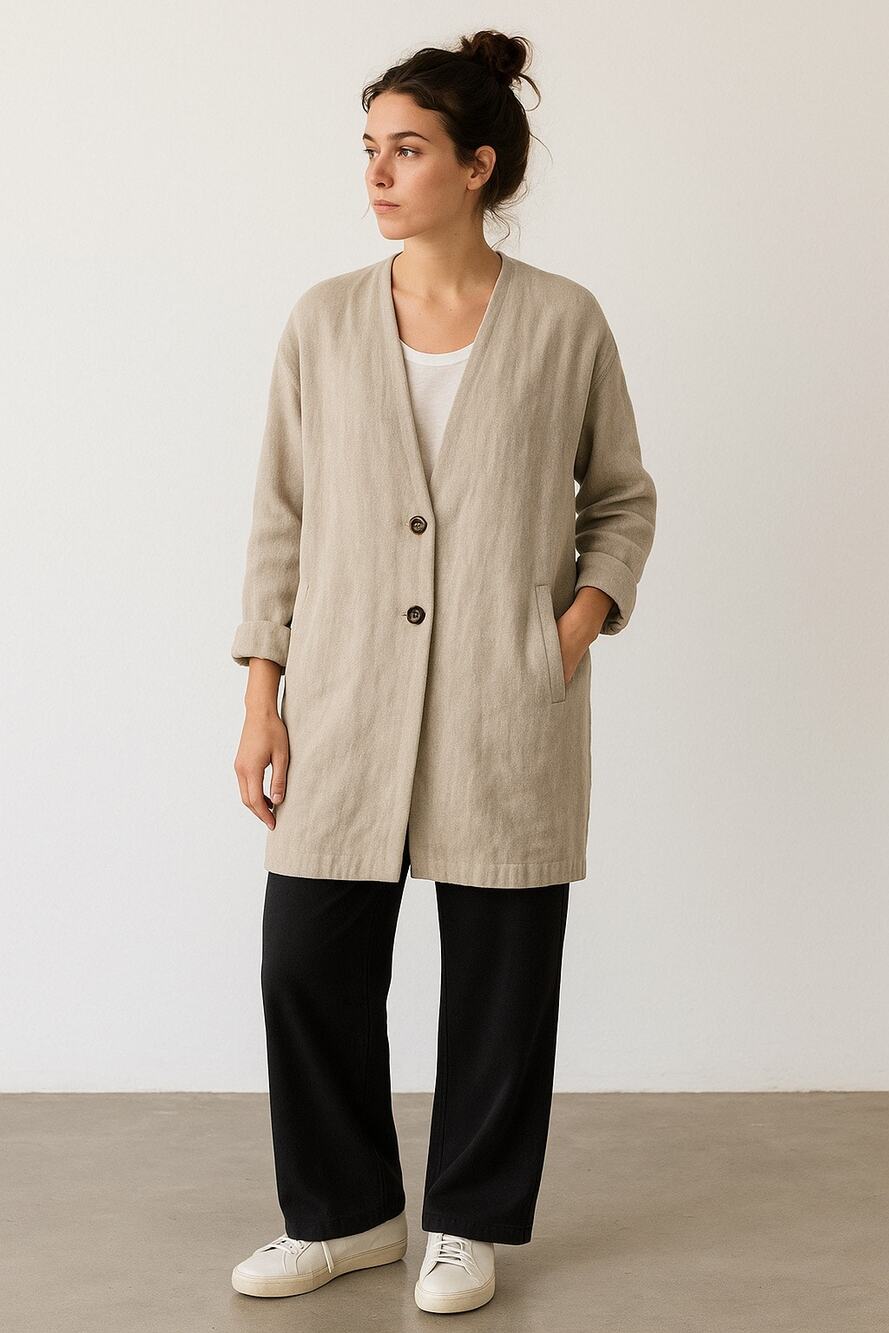 Filosofia Linen Coat Taupe XS Button Minimalist Sustainable Oversized Wabi-Sabi